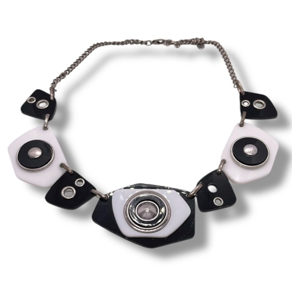 Bijou Terner Silver Black and White Geometric Statement Necklace Chunky Funky - Picture 1 of 11
